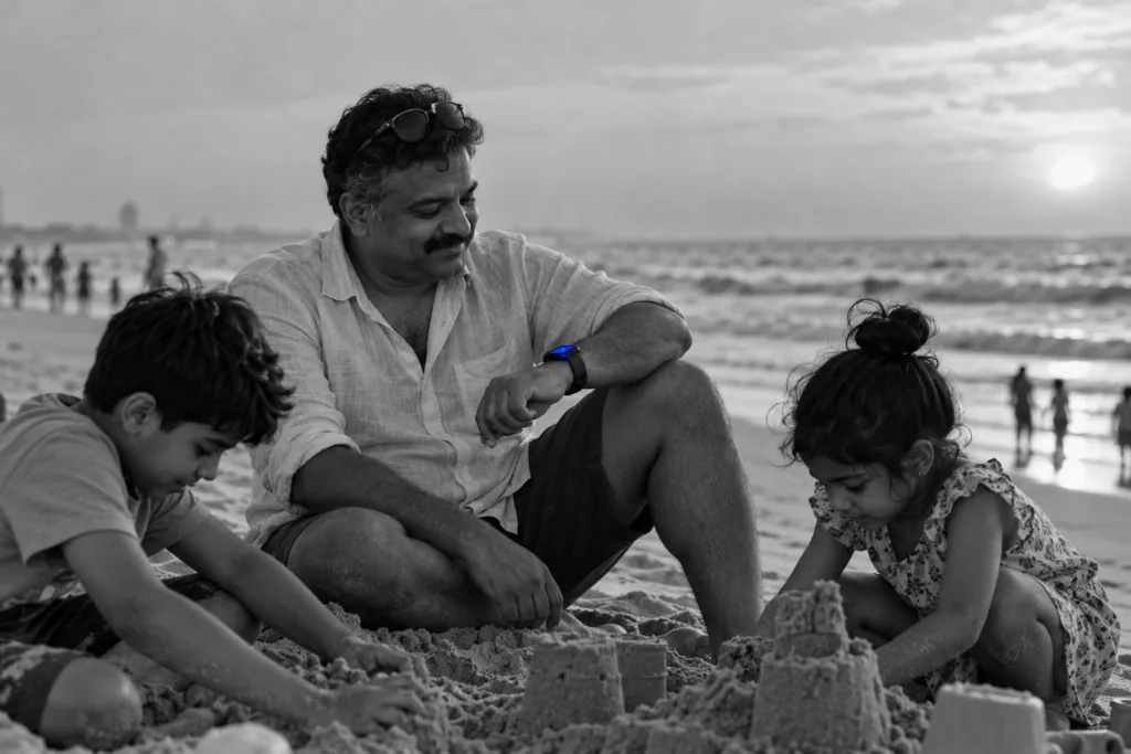 Café owner relaxing on the beach with his children while a new order arrives on his watch