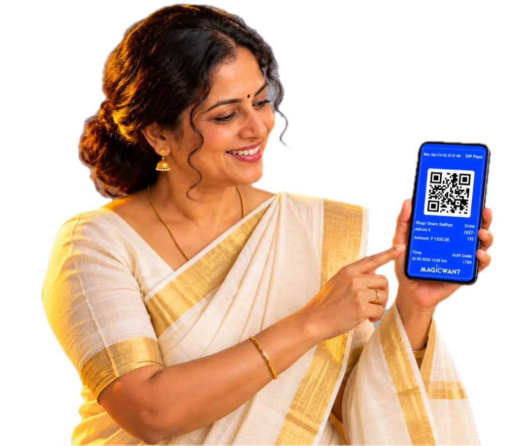 Smiling woman in a cream-and-gold kasavu saree pointing at her event pass on her phone
