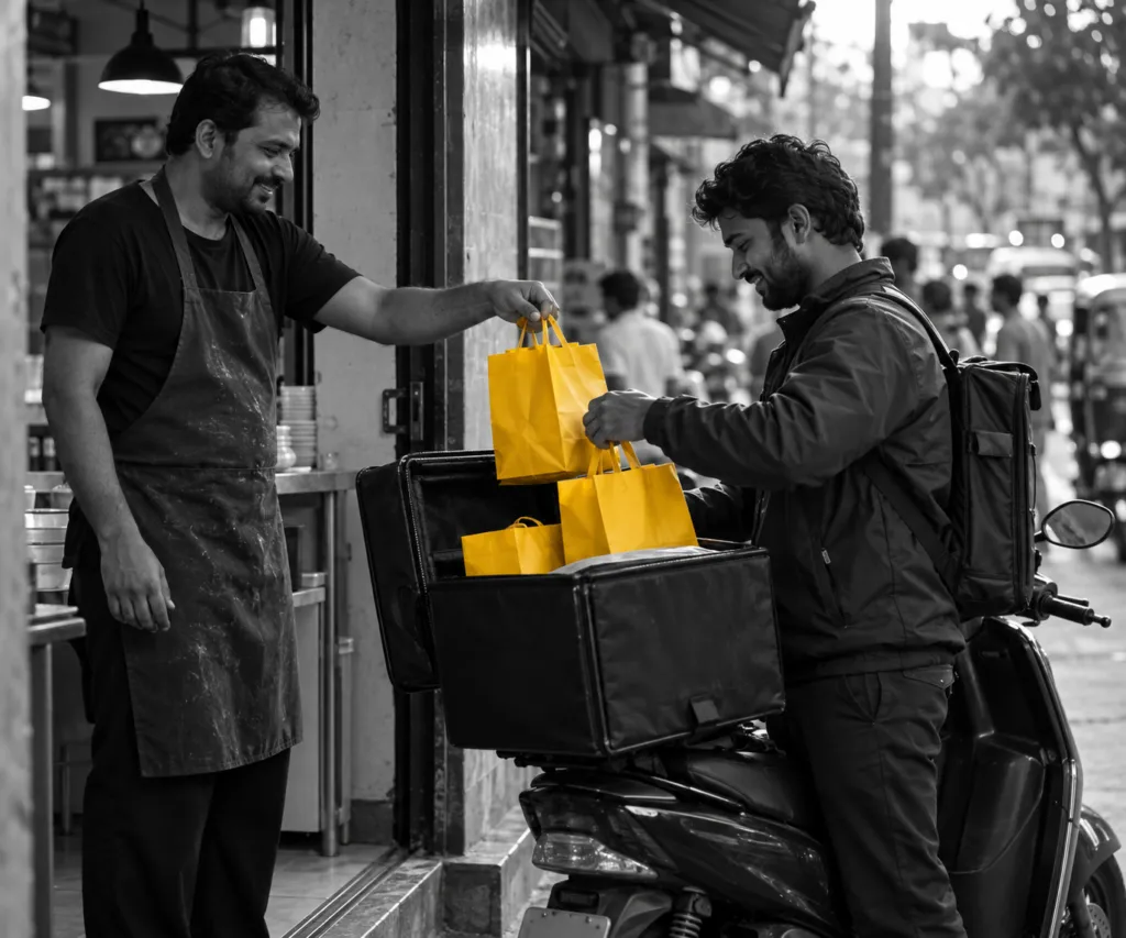 Delivery rider collecting several orders from a shop for batch delivery