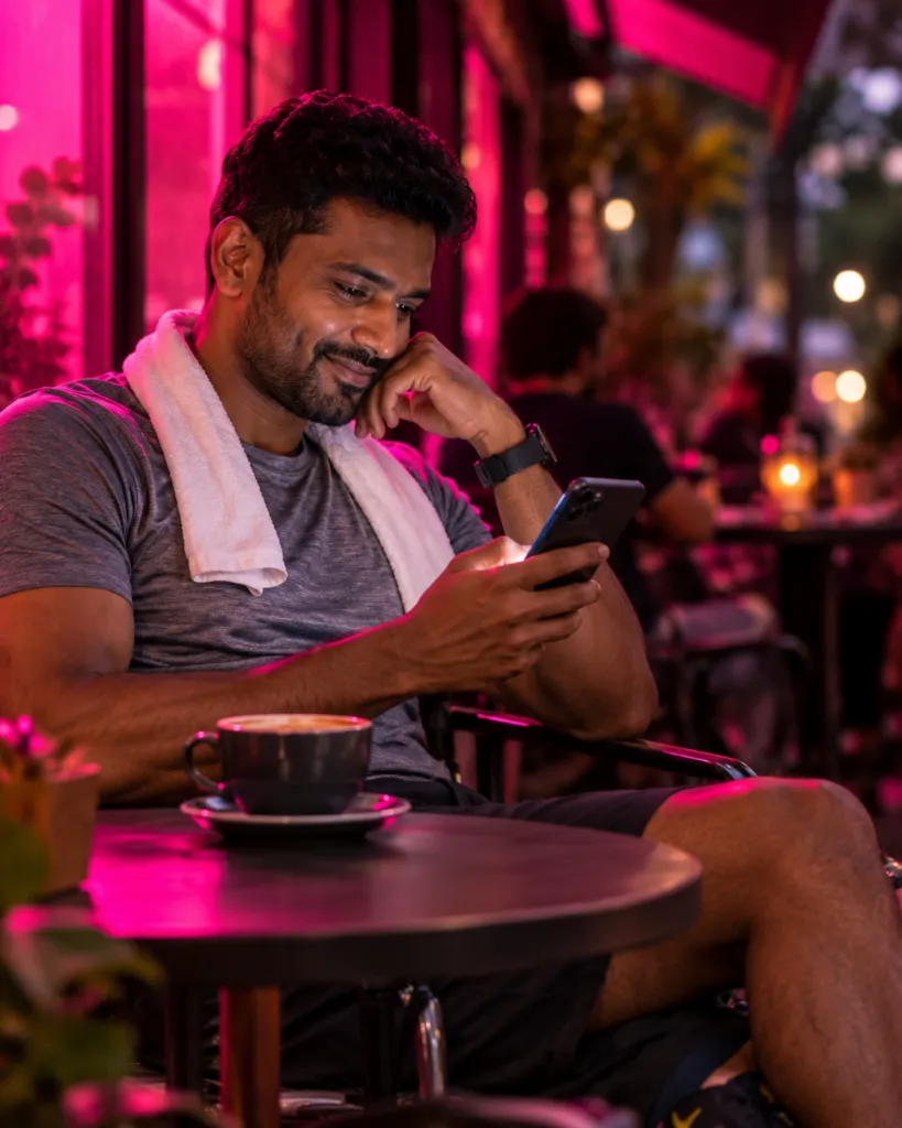 Regular customer reading a loyalty reward message at his neighbourhood café