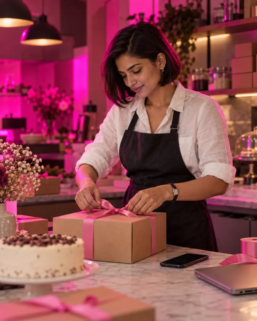 Café owner tying a ribbon on a customer’s order box at the counter