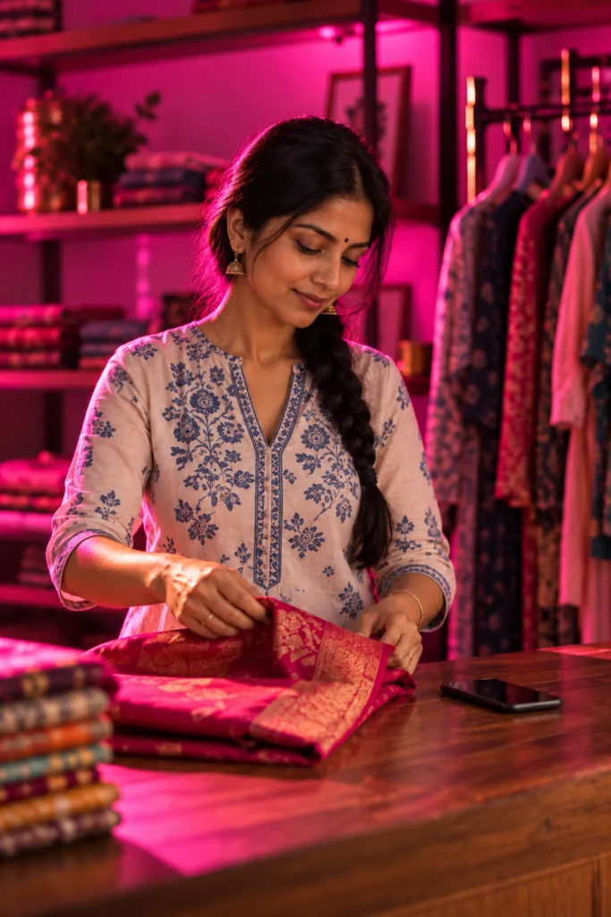 Boutique owner folding a silk saree for a customer’s order