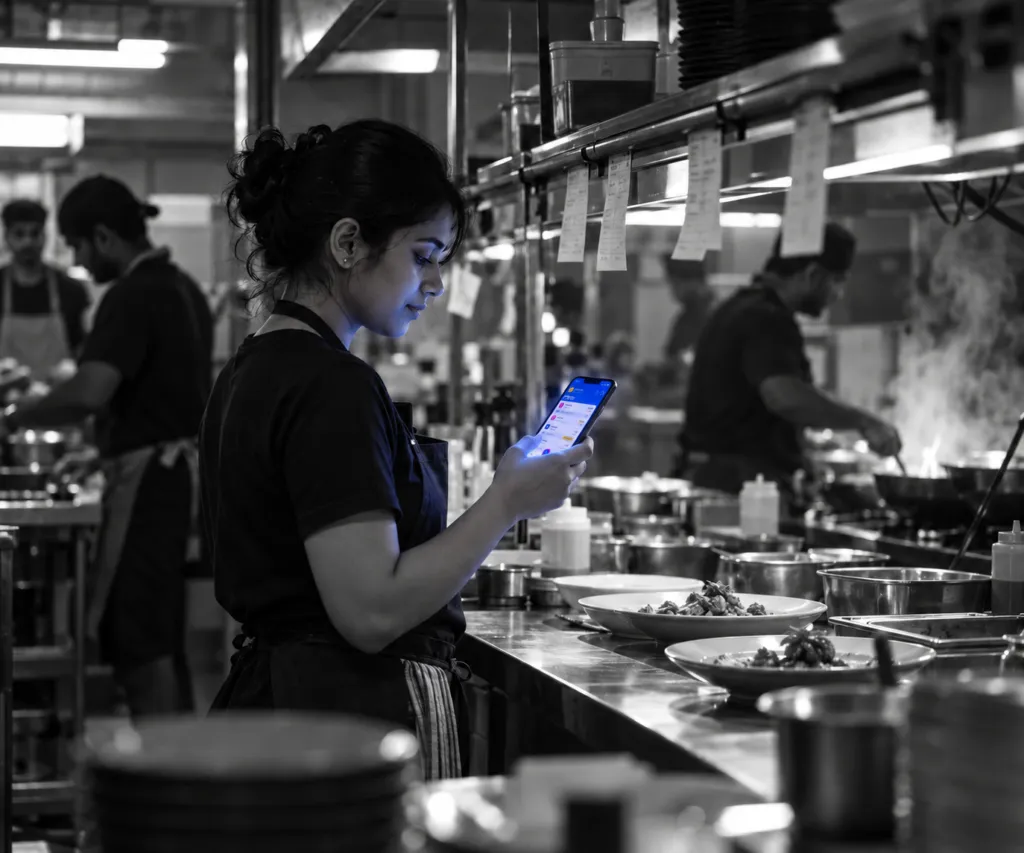 Restaurant staff checking orders on a phone at a busy kitchen pass