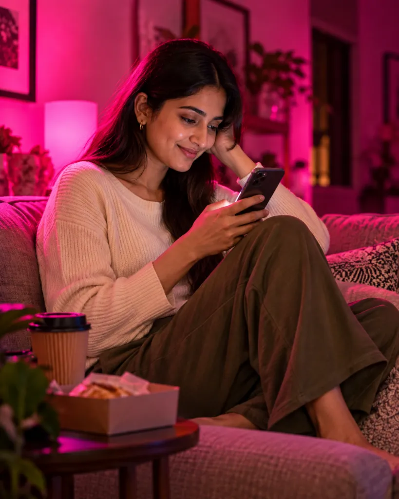 Customer smiling at a message from her favourite local café on her phone