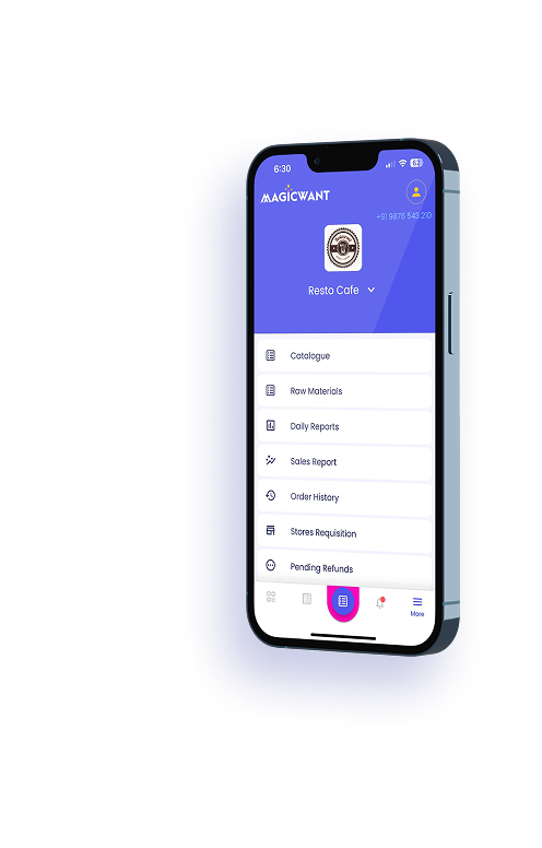The Shopops app by Magicwant showing the catalogue, reports and orders menu on a phone