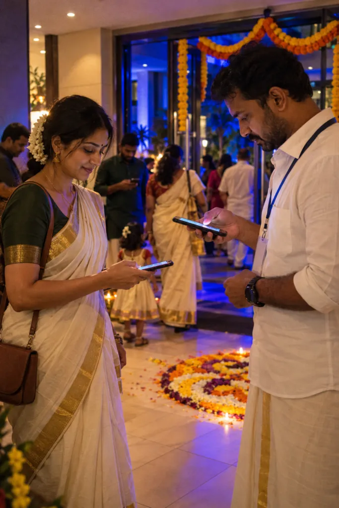 Gate volunteer checking a guest’s pass on his phone at an Onam celebration, with a flower pookalam on the floor
