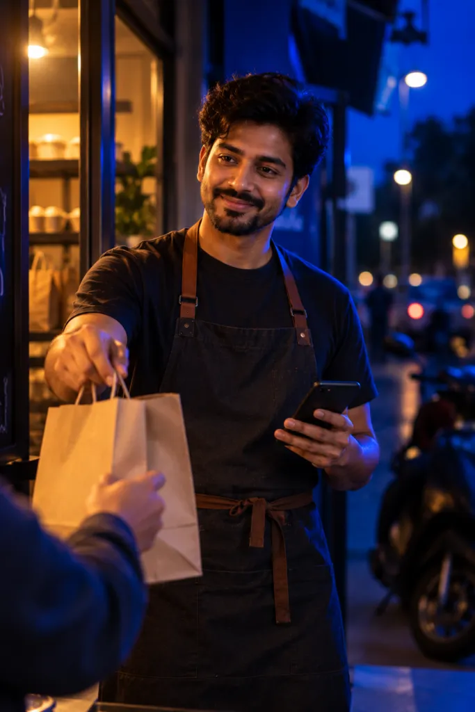 Local delivery rider holding a customer’s order and checking the delivery on his phone