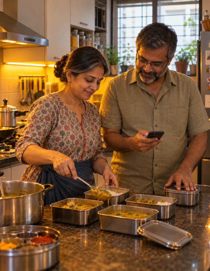 Husband and wife running a home tiffin business, packing orders and checking them on the phone