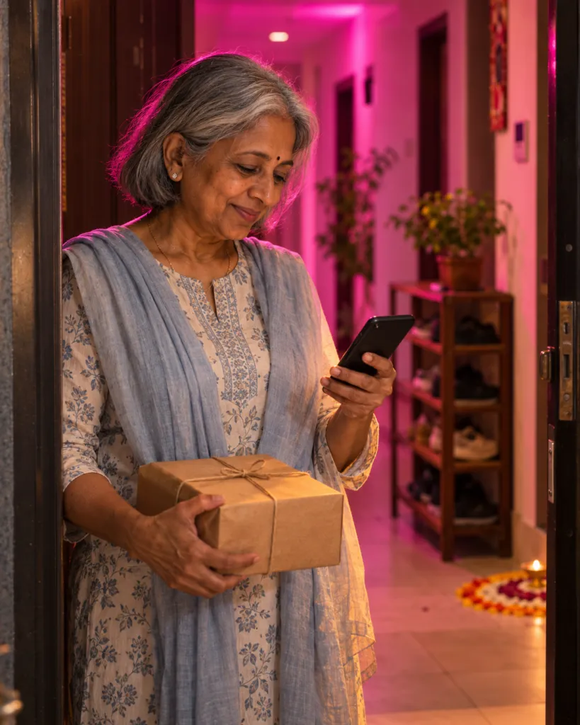 Customer collecting her daily bread subscription delivery at her door