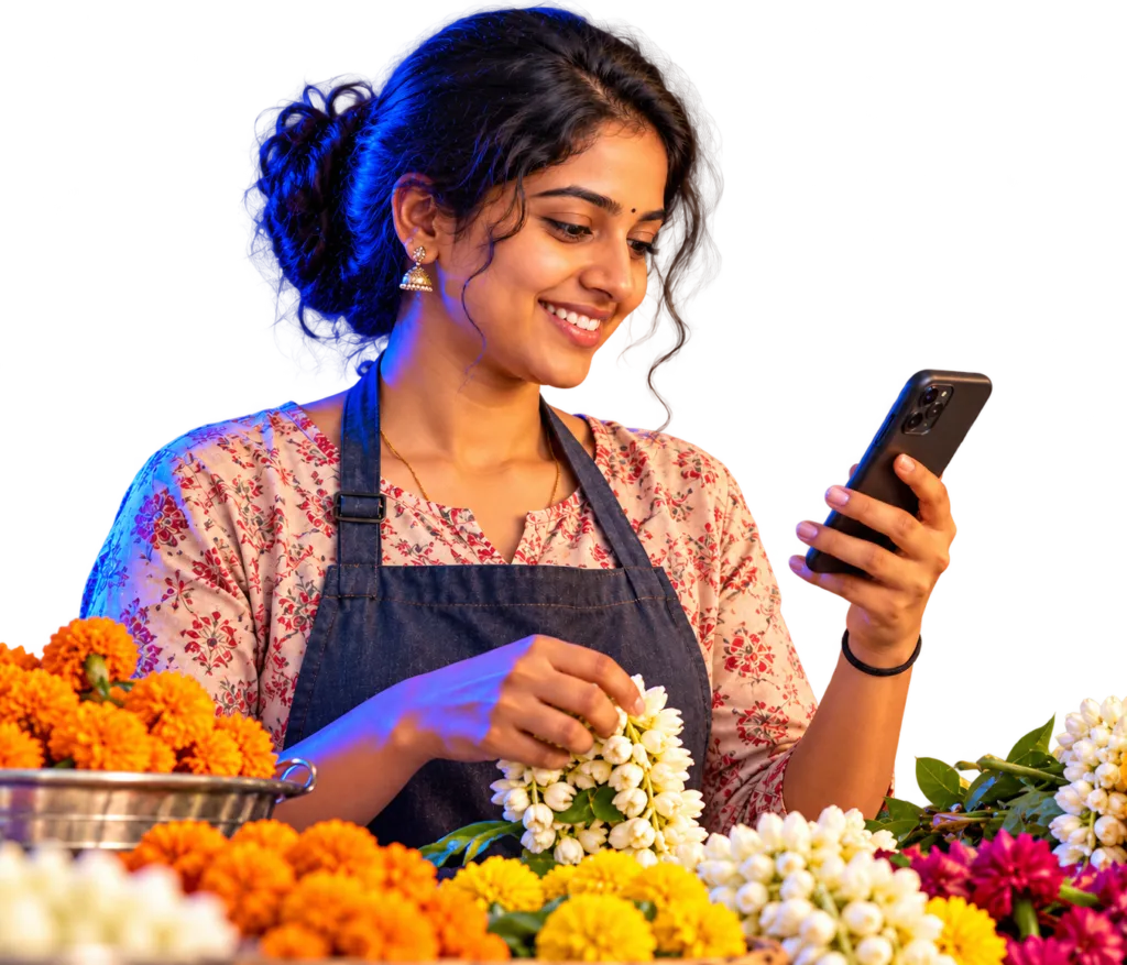 Young woman in a floral top and apron smiling at her phone