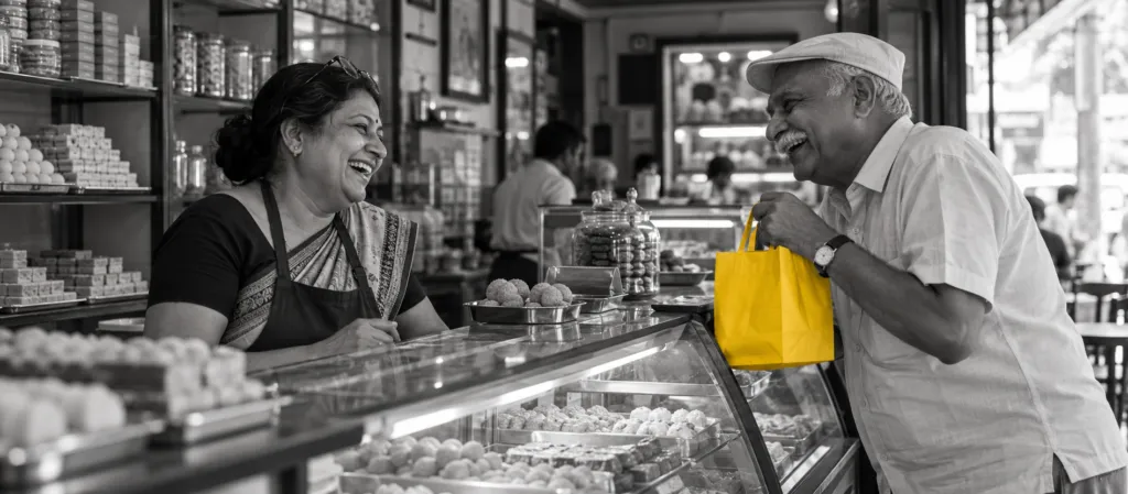 Sweet shop owner chatting with a regular customer at the counter