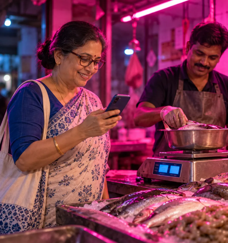 Customer at a fish counter smiling at a loyalty points message on her phone