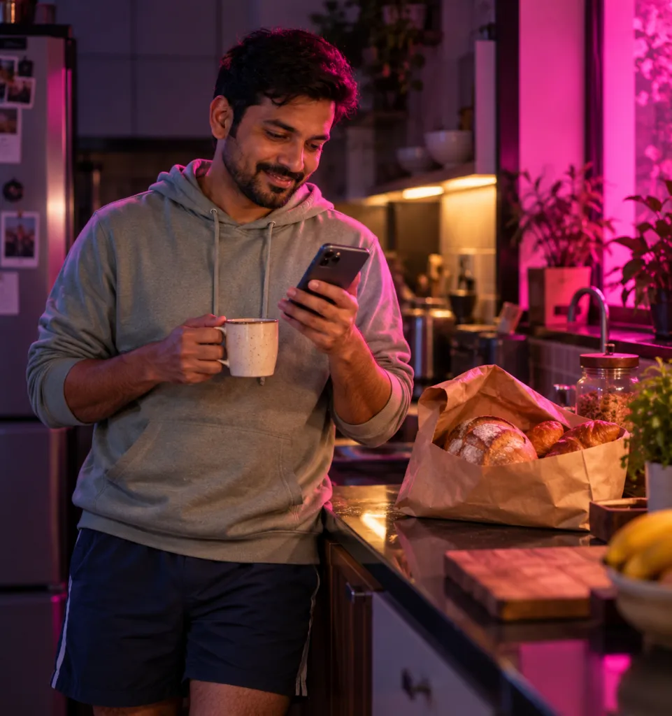 Young man at home with his coffee, smiling at an offer from his local shop