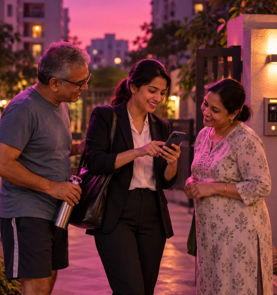 Neighbours at an apartment gate sharing a referral link on their phones