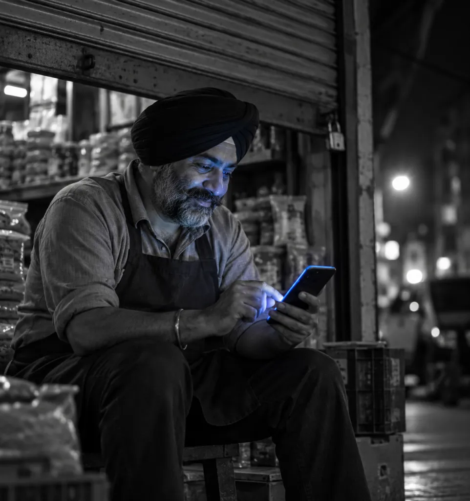 Shopkeeper sitting by his half-closed shutter at night, checking the day’s orders on his phone