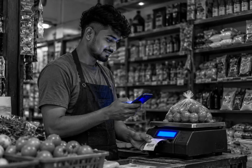 Shopkeeper weighing loose vegetables on a digital scale at his counter