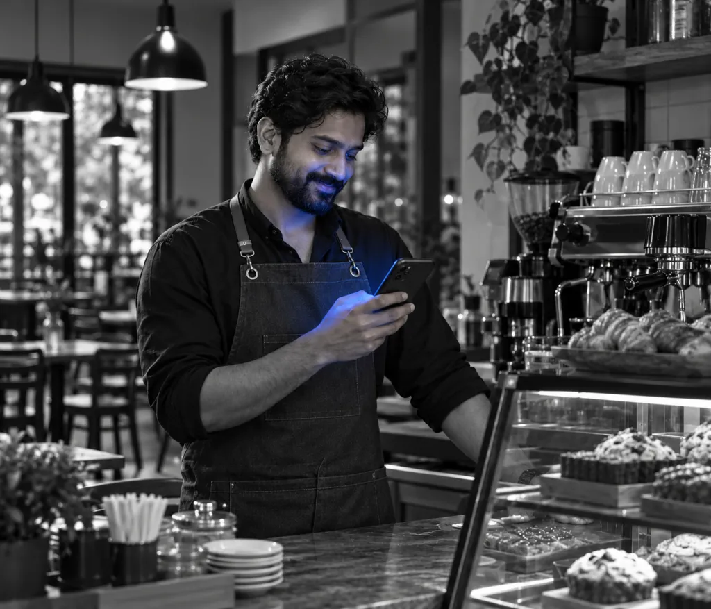 Café owner behind his counter smiling as he reads his phone